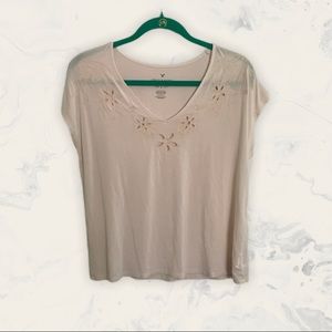 Small Cream Floral Embroidered Tee American Eagle